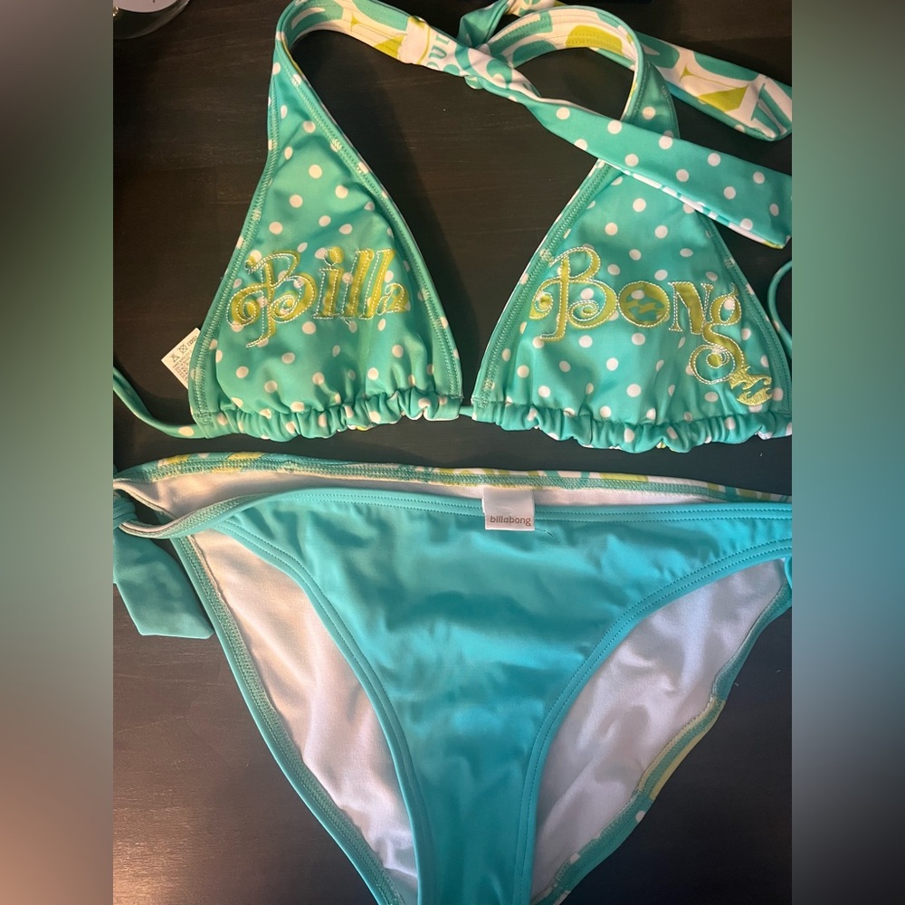 Billabong Reversible Teal and White Polka Dot Bikini
